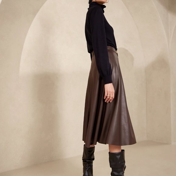 Banana Republic Vegan Leather midi Skirt in Cacao Sz 2 - Picture 2 of 6